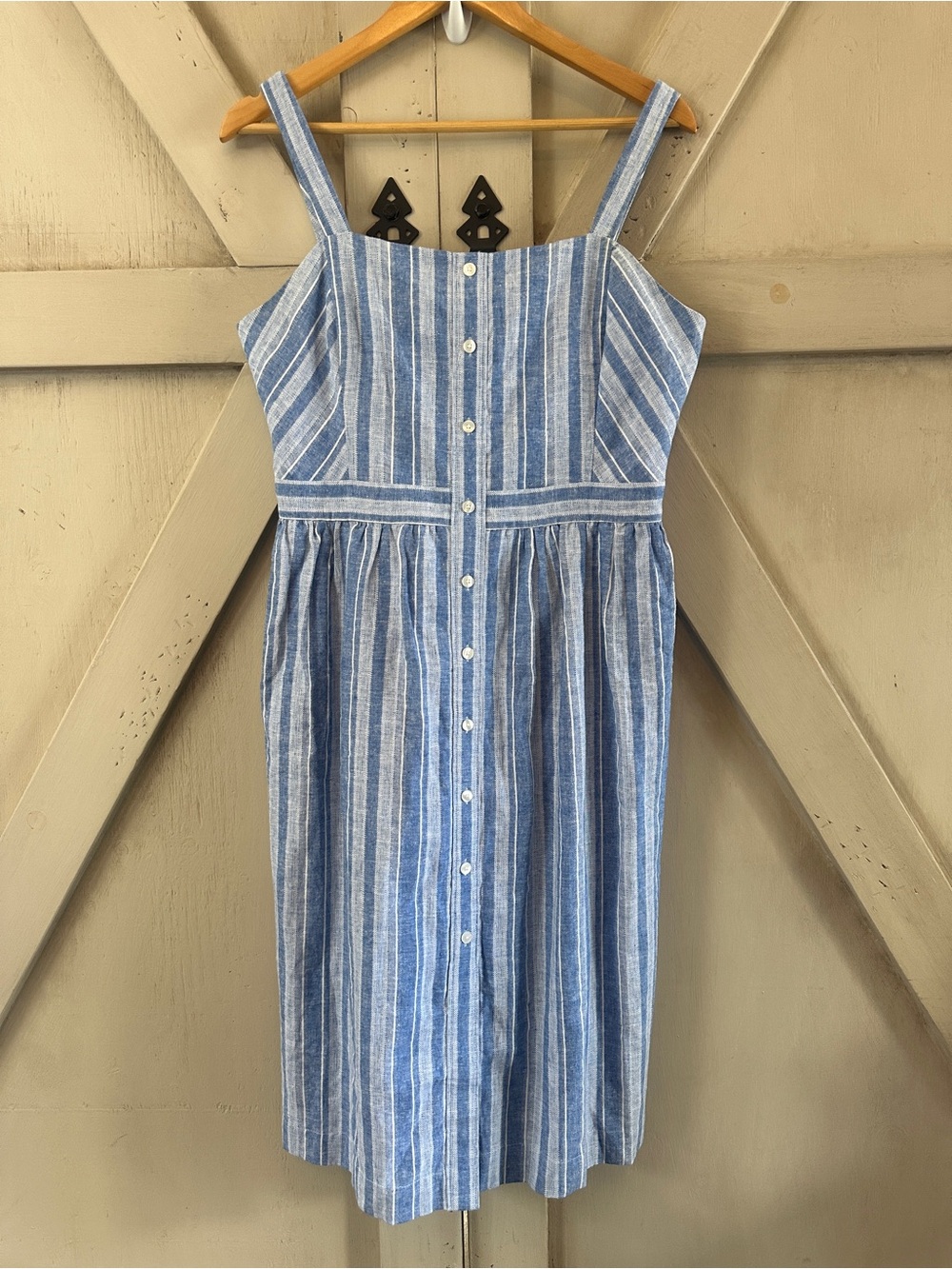 Draper James Blue White Linen Blend Stripe Button Front Midi Dress Size 10